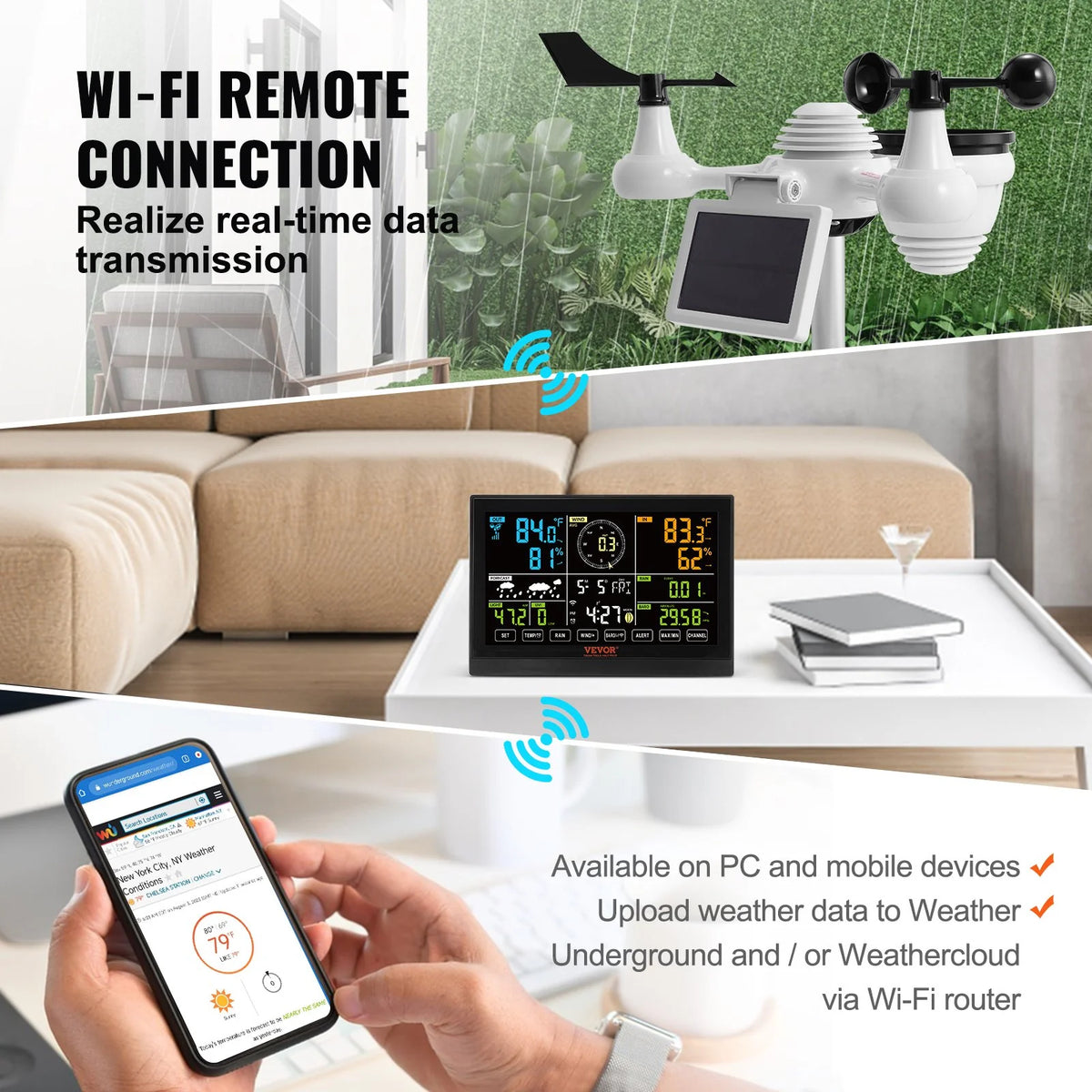 VEVOR 7-In-1 Wi-Fi Weather Station, 7.5 in Color Display, Home Weather Station Indoor Outdoor, with Solar Wireless Outdoor Sensor Alarm Alerts, for Temperature Humidity Wind Speed/Direction Rain