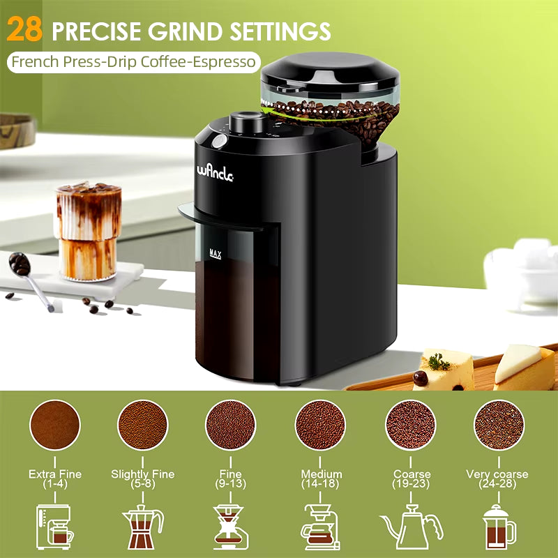 Wancle Electric Burr Coffee Grinder Adjustable Burr Mill Conical Coffee Bean Grinding with 28 Precise Grind Setting 220V/120V