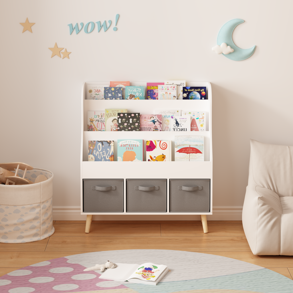 Kids Bookshelf with 3 Fabric Storage Bins, White Wooden Book Display Organizer for Toddlers and Children, Front-Facing Book Rack with Pine Legs for Playroom, Nursery, or Bedroom