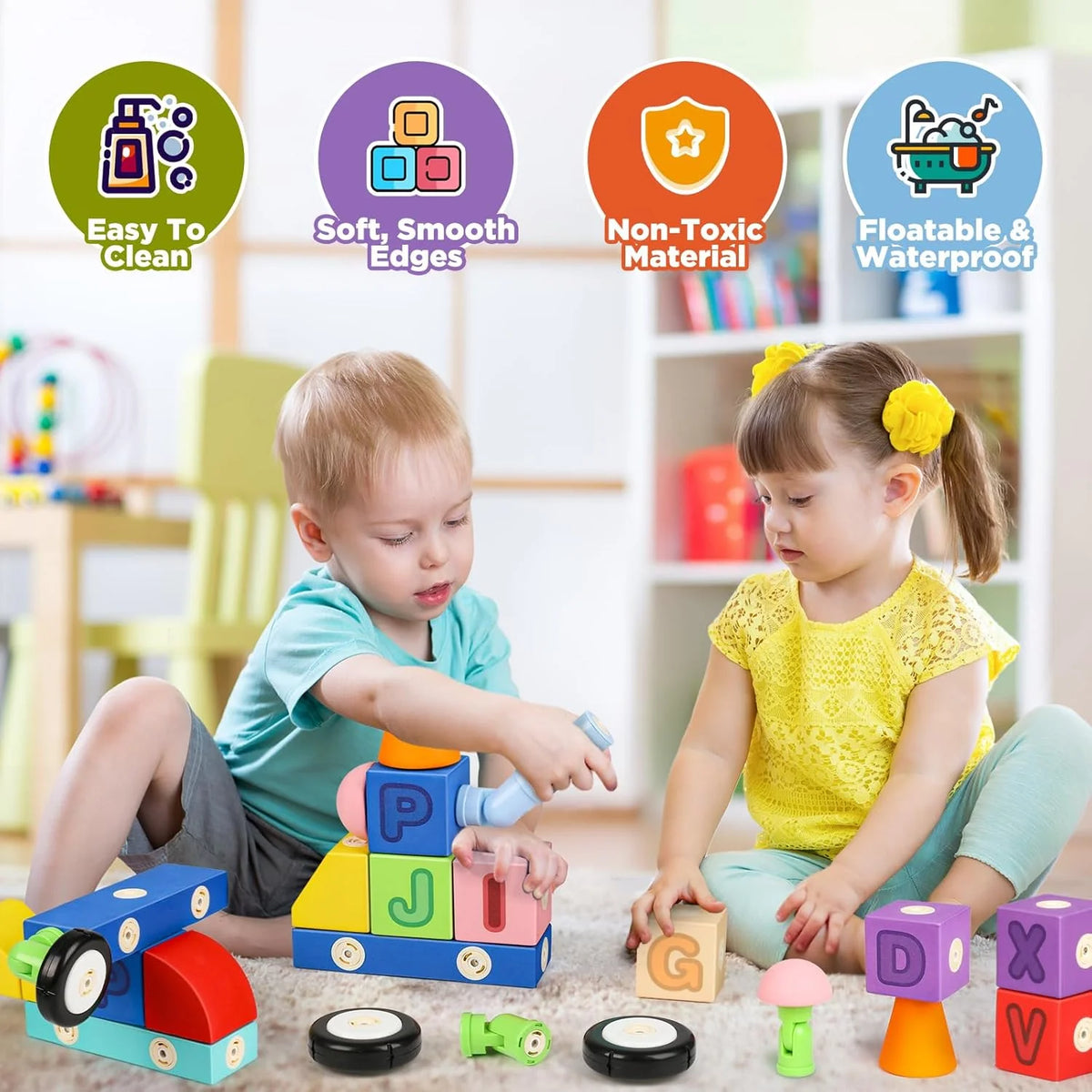 ABC Foam Magnetic Blocks for Toddlers, 52Pcs, Building Letters Block for Kids 2 3 4 5 Years Old, Alphabet Blocks Toys Gifts for Boys Girls
