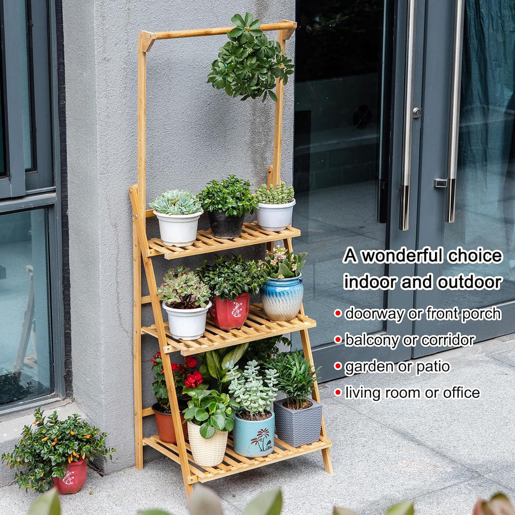 Bamboo 3-Tier Hanging Plant Stand Planter Shelves Flower Pot Organizer Rack Folding Display Shelving Plants Shelf Unit Holder
