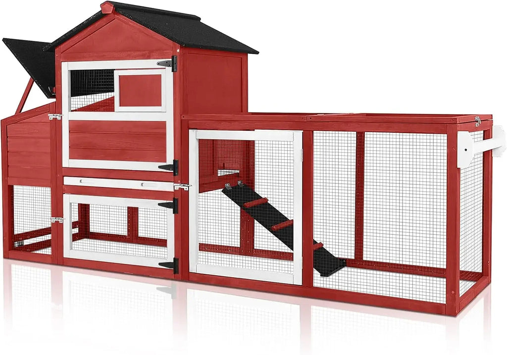 Chicken Coop for Outdoor - Poultry Cage with Wheels, Nesting Box, Leakproof Pull-On Tray, and Asphalt Waterproof Roof - Red