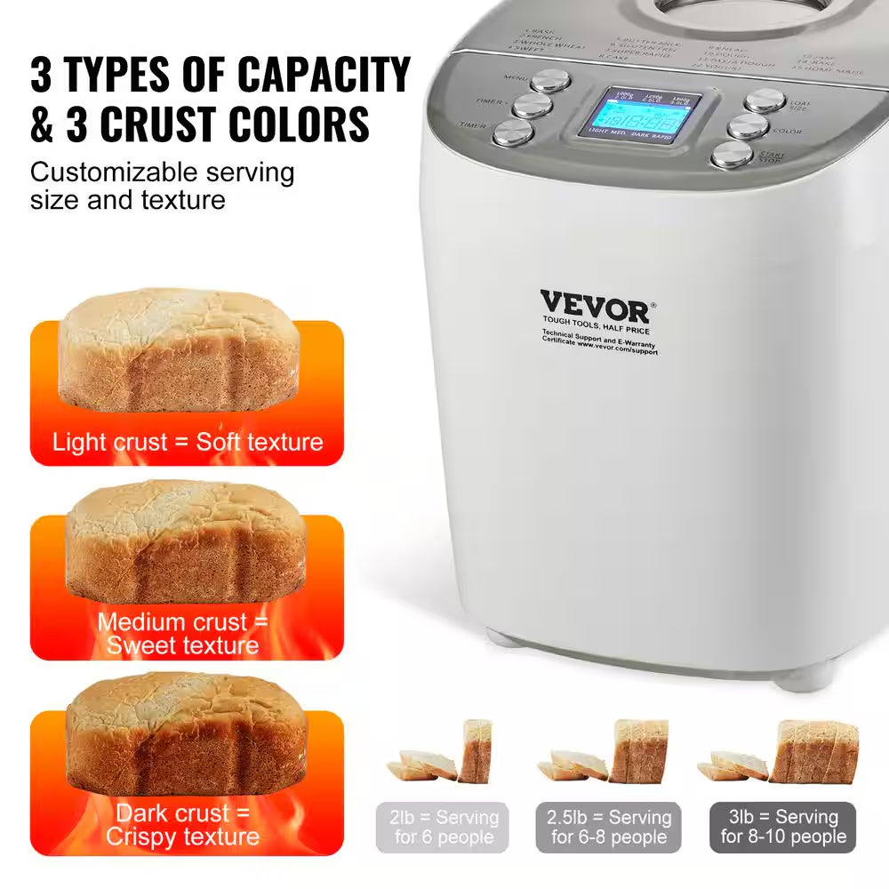 Bread Maker, 15-In-1 3 Lbs. Dough Machine, Nonstick Ceramic Pan Automatic Breadmaker with Gluten Free Setting White