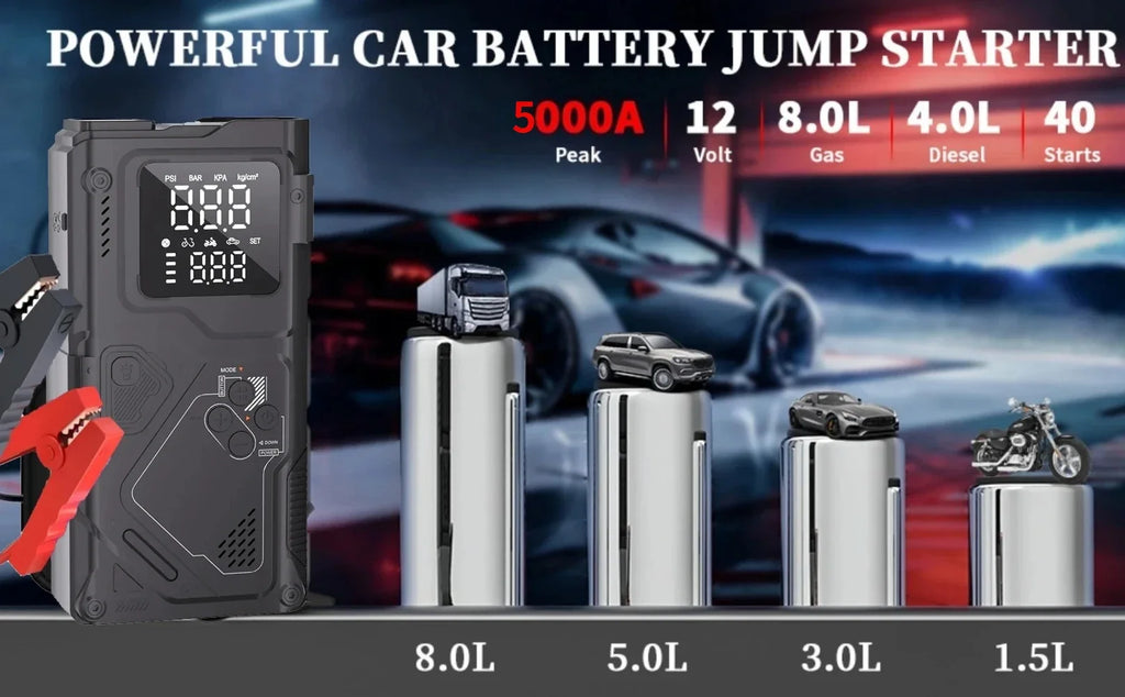 6 in 1 Jump Starter with Air Pump Peak 5000A Booster 150PSI Tire Inflator 8L Gas/4L Diesel with DC Power Cord 400LM Flashlight