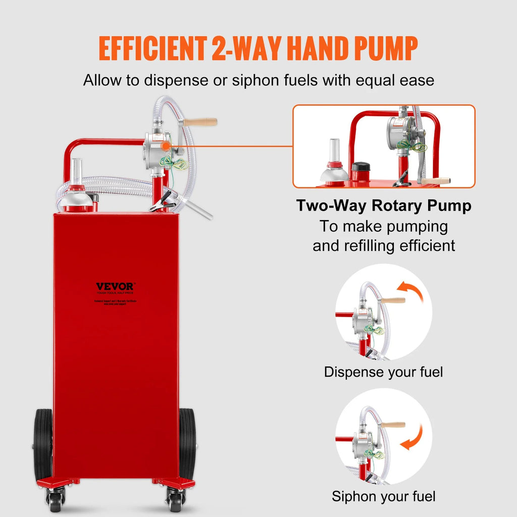VEVOR 30 Gallon Fuel Caddy, Gas Storage Tank & 4 Wheels, with Manuel Transfer Pump, Gasoline Diesel Fuel Container for Cars, Lawn Mowers, Atvs, Boats, More, Red