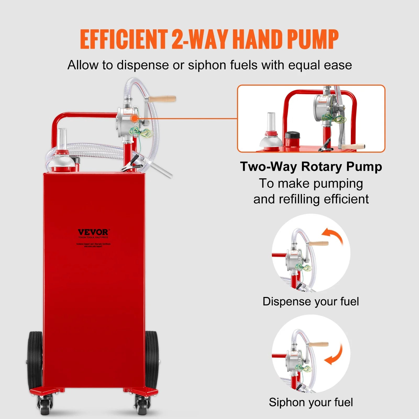 VEVOR 30 Gallon Fuel Caddy, Gas Storage Tank & 4 Wheels, with Manuel Transfer Pump, Gasoline Diesel Fuel Container for Cars, Lawn Mowers, Atvs, Boats, More, Red