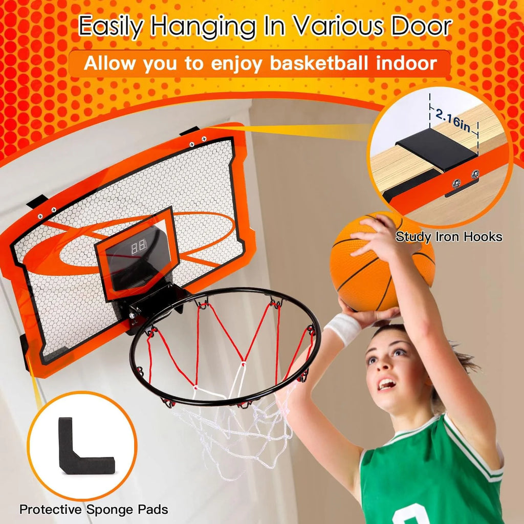 1Set Indoor Mini Basketball Hoop Set over Door Basketball Hoop with 4 Inflatable Balls Electric Audio Scorer Foldable Basket Gift for Kids and Adults