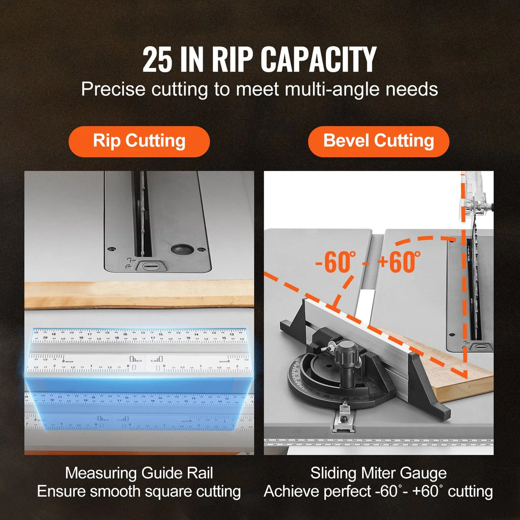 VEVOR 10 Table Saw Electric Cutting Machine 4500RPM 25-In Rip Capacity Woodwork