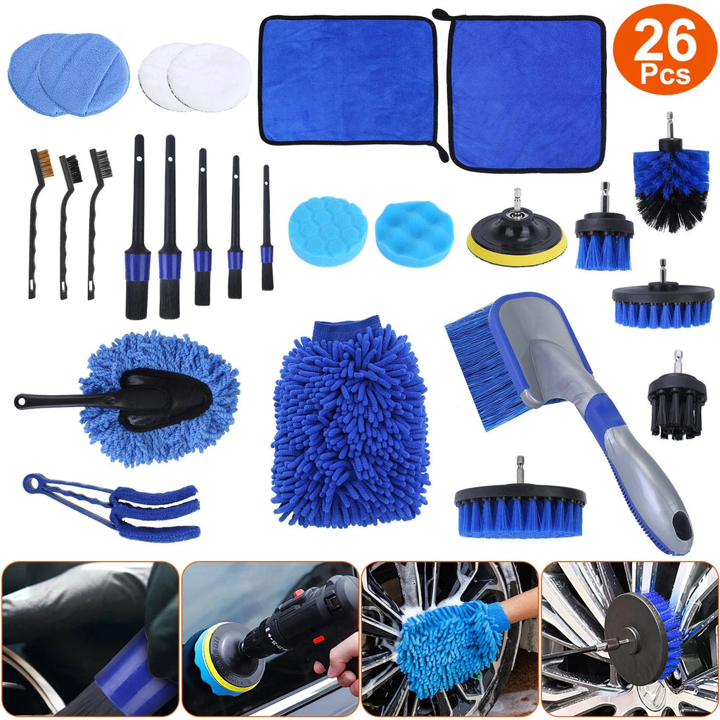 26Pcs Car Detailing Brush Kit Exterior Interior Car Cleaning Set Drill Brush Set Car Buffing Sponge Pads Kit for Cleaning Automobile Interior Exterior Wheels Dashboard