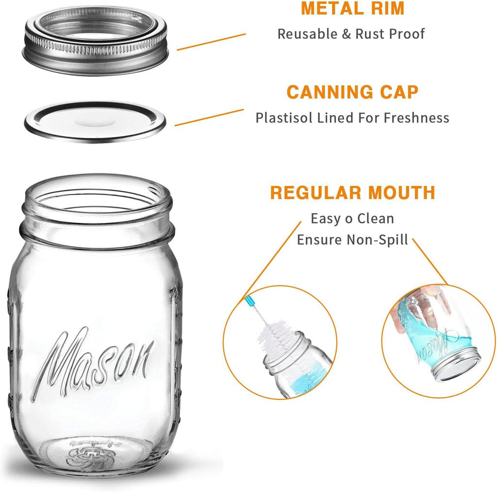 Classic 16 Oz Mason Jars, 6 Pack Canning Jars, Regular Mouth, Airtight & Leak Proof, Dishwasher Safe, Microwave & Freezer Safe, 3.2 X 4.5 X 5.5 Inches