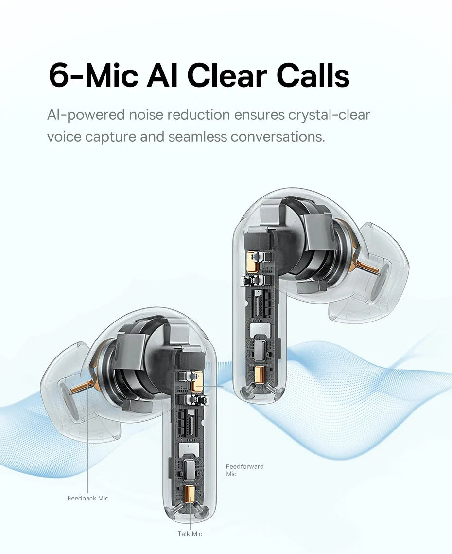 Baseus Bass BP1 Pro -50Db Noise Cancelling Wireless Earbuds Bluetooth 6.0 LDAC Hi-Res Sound 6-Mic AI Clear Calls IP55 Earphones