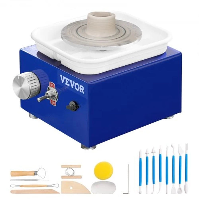 VEVOR Mini Pottery Wheel, for Kids or Beginners, 2 Turntables 2.6In/3.9In Ceramic Wheel Machine, Adjustable 0-300RPM Speed ABS Detachable Basin, 17 Pottery Accessories, Work Art Craft DIY, 30W, Blue