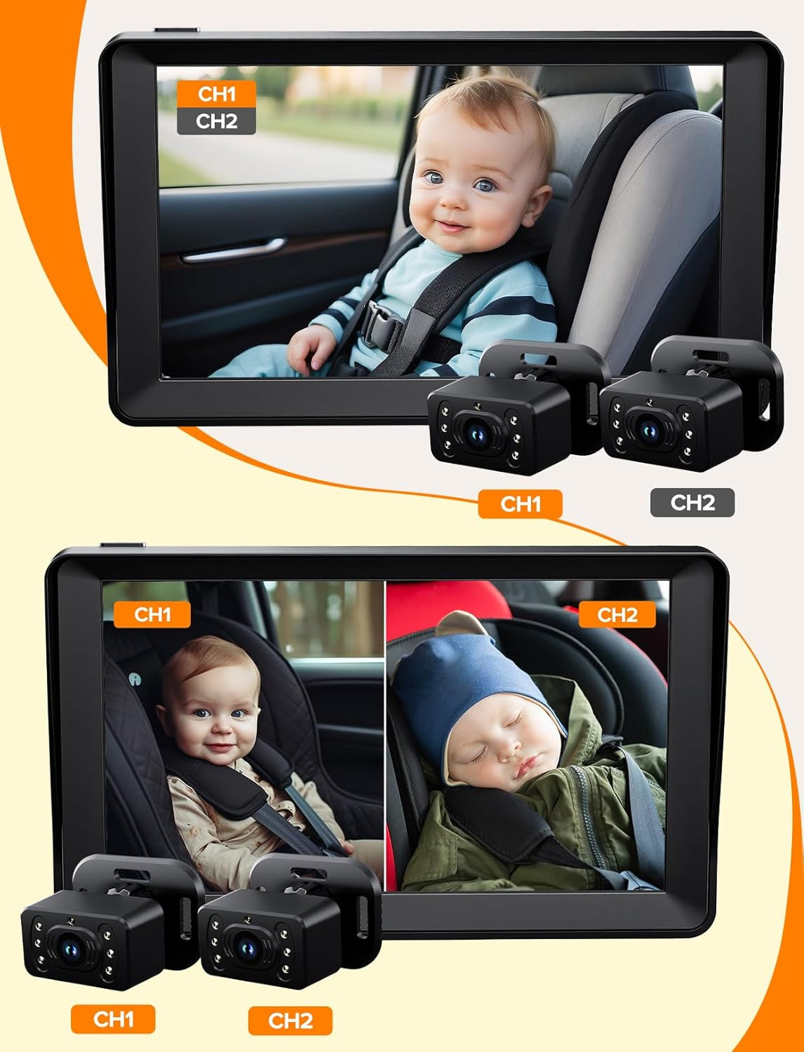 Split Screen Baby Car Camera for 2 Kids, 7 Inch HD 1080P Car Baby Monitor with Dual Backseat Cameras, 150° Wide View, 360°Rotation, Night Vision, Rear-Facing Infant Car Seat Mirror