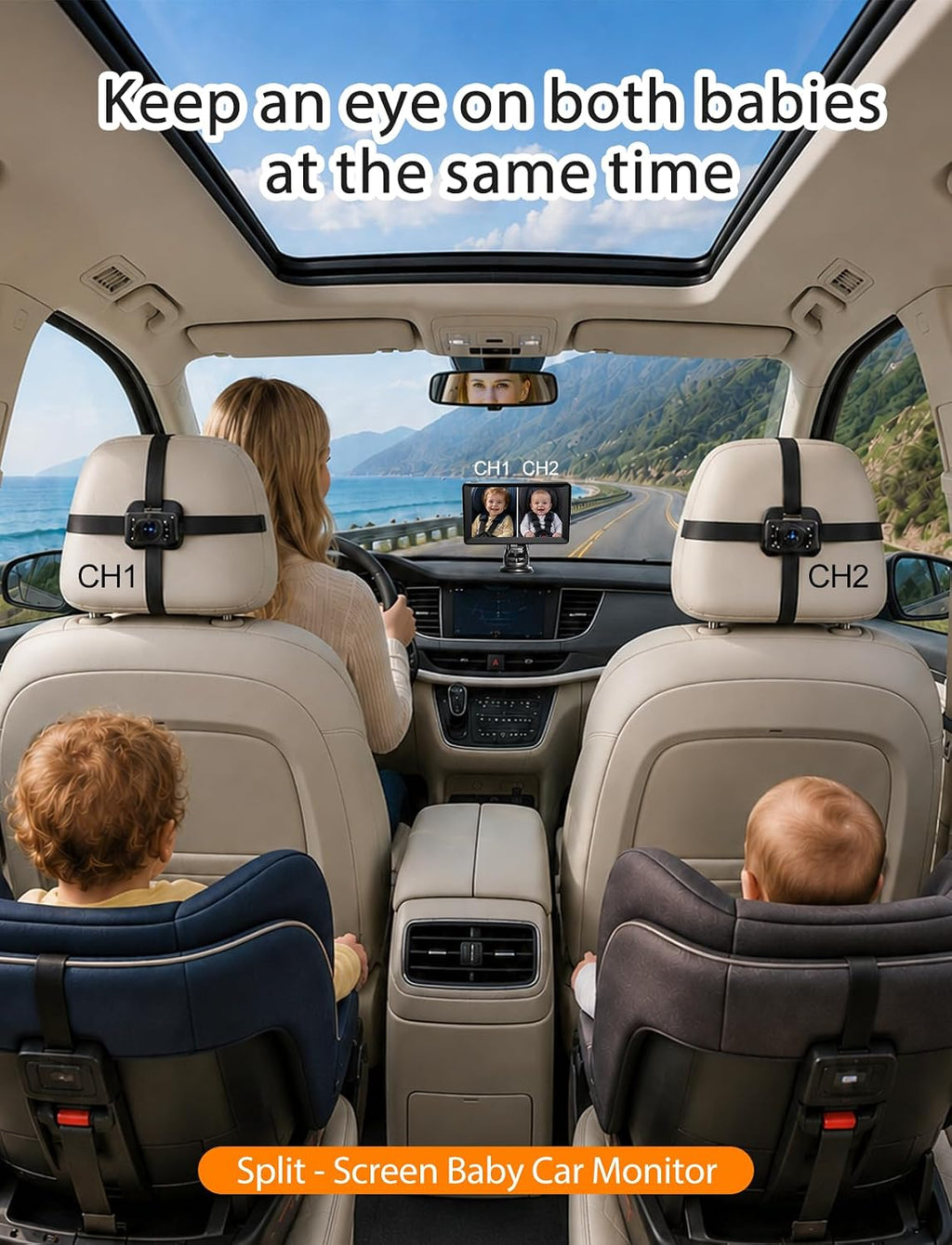 Split Screen Baby Car Camera for 2 Kids, 7 Inch HD 1080P Car Baby Monitor with Dual Backseat Cameras, 150° Wide View, 360°Rotation, Night Vision, Rear-Facing Infant Car Seat Mirror
