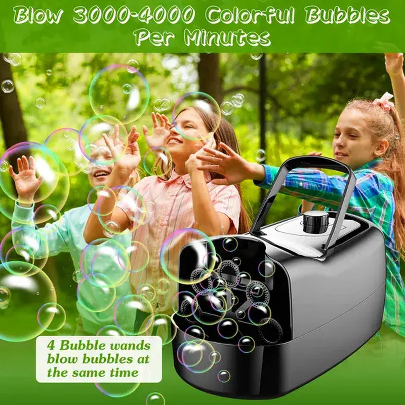 Bubble Maker Automatic Bubble Blower Portable Bubble Blowing Machine with 2 Speeds Handle 3000-4000 Bubbles per Minute Plug-In Battery Powered