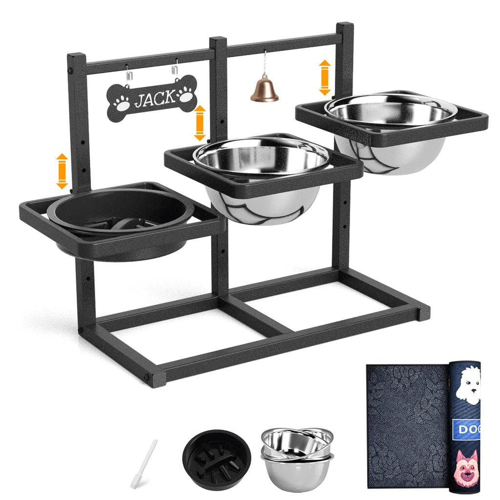 6 Height Adjustable Dog Bowl Stand with Three 1.7L Stainless Steel Bowl, 1 Slow Feeder and Nonslip Pad, Perfect for Large Dogs and Multi-Pet Households