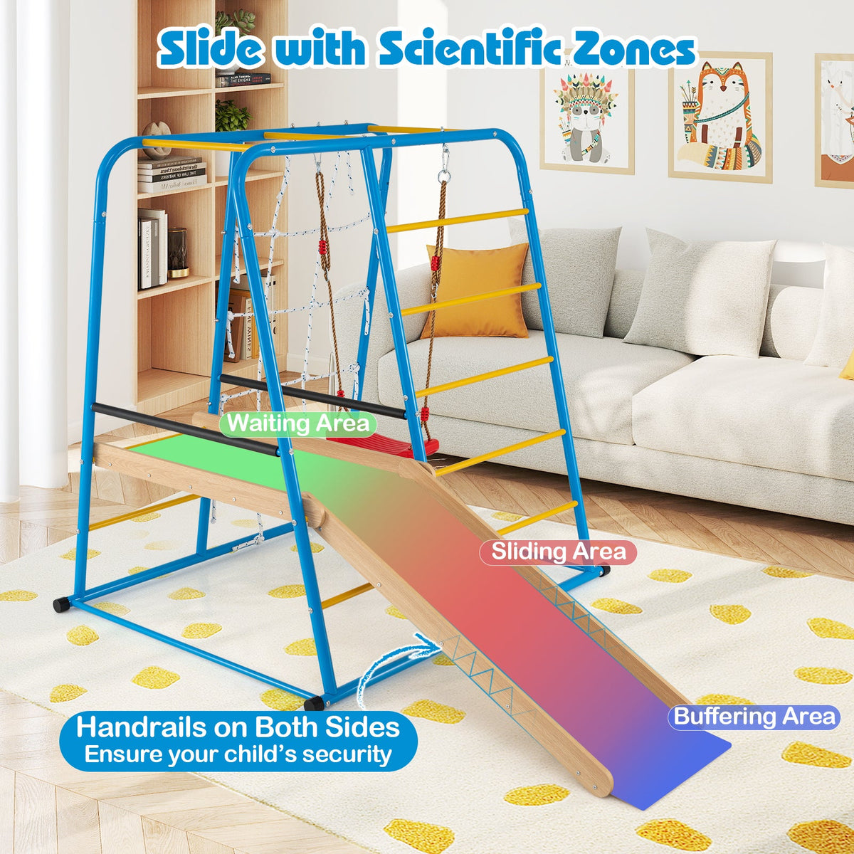 6-in-1 Indoor Jungle Gym with Slide for Boys and Girls 3+ Years Old-Blue