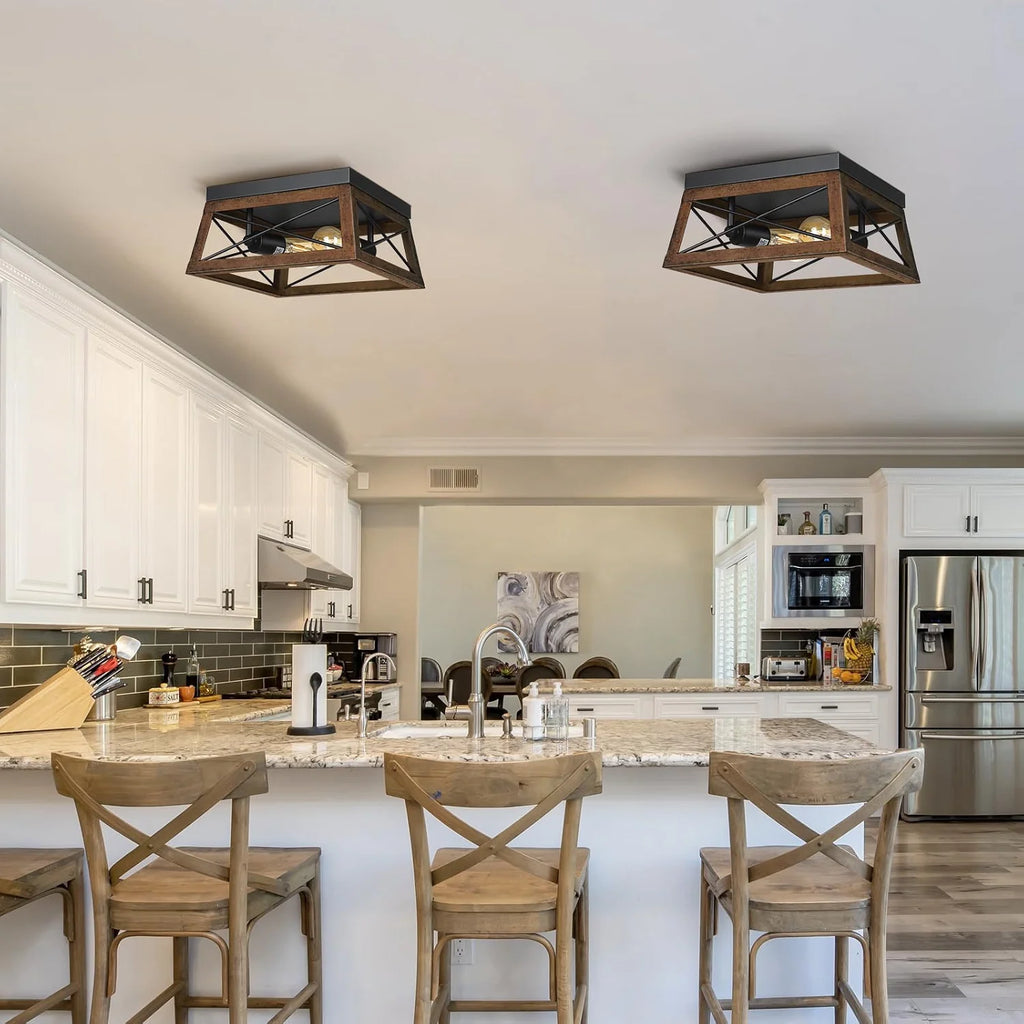 Farmhouse Flush Mount Ceiling Light with Wood Grain Finish and Two Adjustable Pendant Lights for Kitchen Island