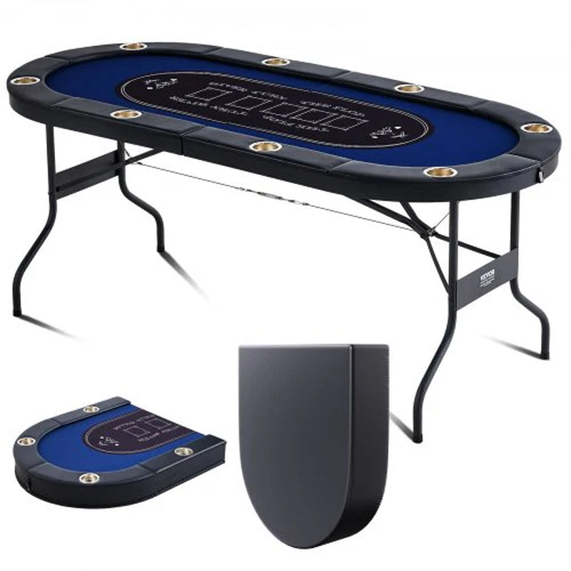 8 Player Foldable Poker Table, Blackjack Texas Holdem Poker Table with Padded Rails and Stainless Steel Cup Holders, Portable Folding Card Board Game Table, 72 Oval Casino Leisure Table, Blue