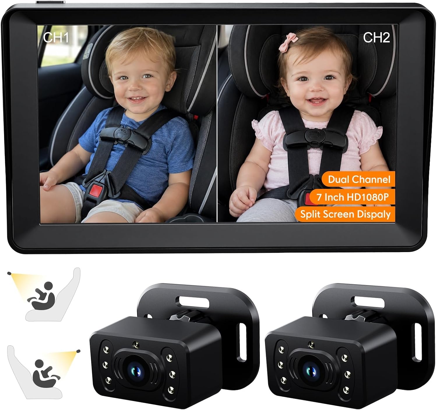 Split Screen Baby Car Camera for 2 Kids, 7 Inch HD 1080P Car Baby Monitor with Dual Backseat Cameras, 150° Wide View, 360°Rotation, Night Vision, Rear-Facing Infant Car Seat Mirror