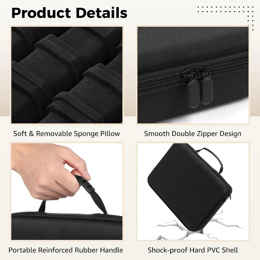 Portable 15-Slot Watch Storage Case with Hard PVC Shell and Soft Sponge Cushions