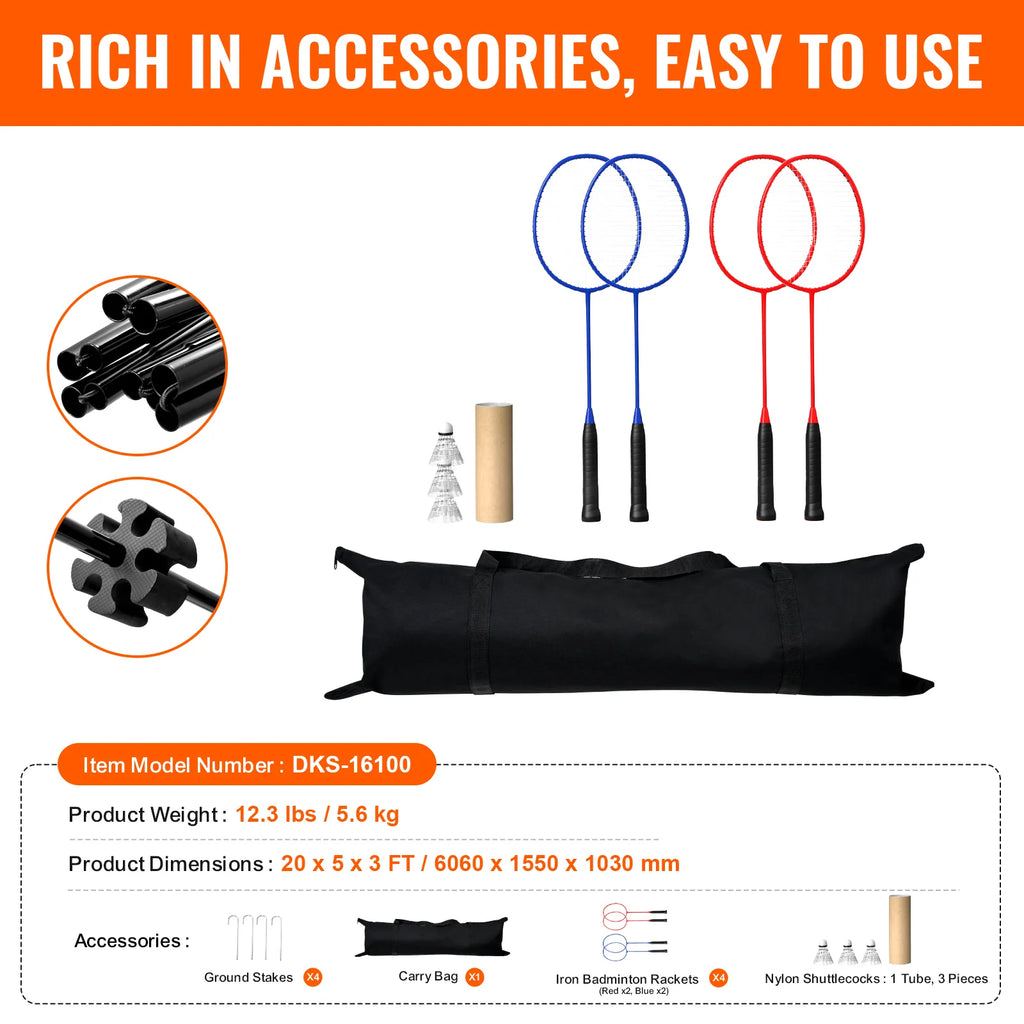 Badminton Net, Height Adjustable Volleyball Net, 20Ft Wide Foldable Pickleball Net, Portable Tennis Net Set with Poles, Stand, Bag, Rackets, Nylon Shuttlecocks, Kid Backyard Indoor Outdoor Use