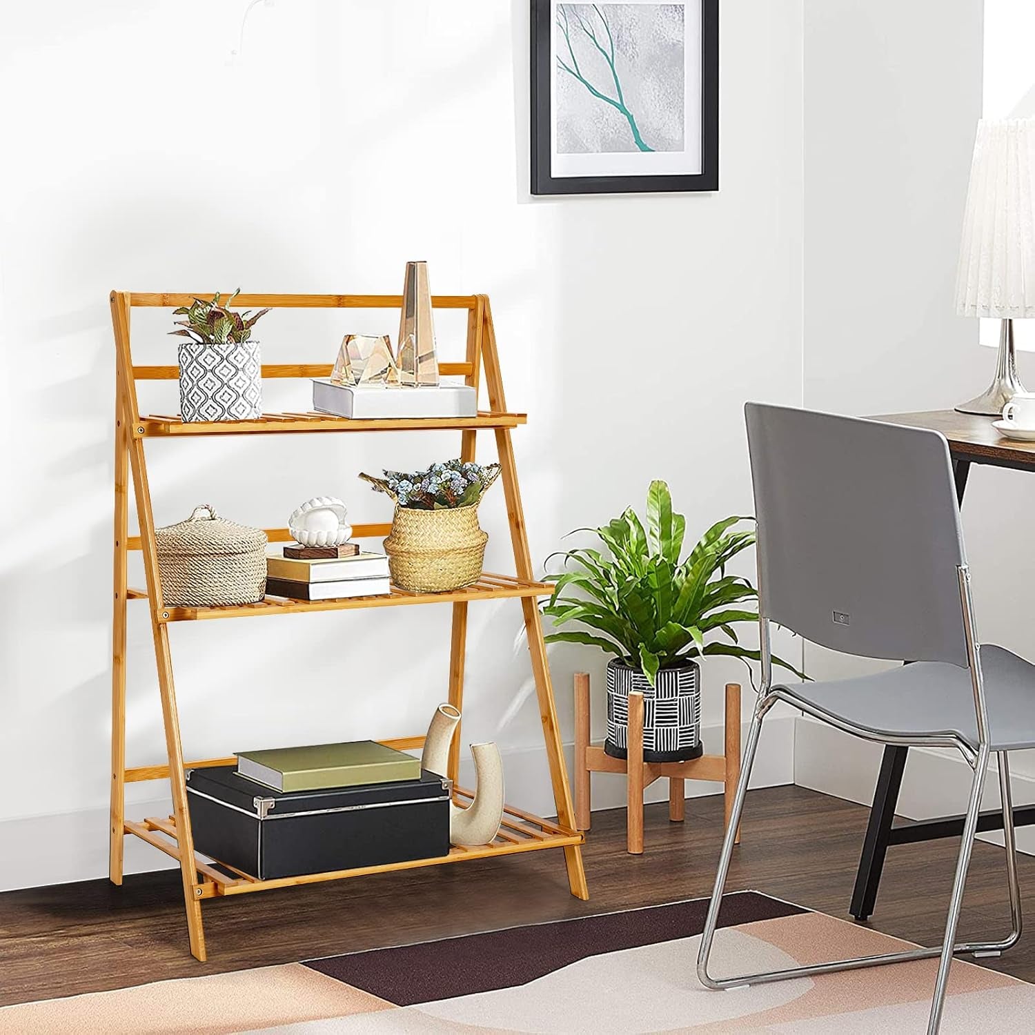 Bamboo Ladder Plant Stand, 3 Tier Folding Bamboo Plant Shelf, Foldable Flower Pot Display Shelf Rack, Multiple Plants Holder Organizer Storage Shelf for Indoor Outdoor Balcony Garden (Natural)