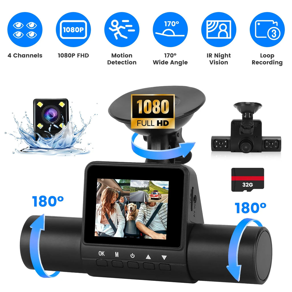 1Pc 360 Degree View FHD 4 Channel Dash Cam 1080P Front 480P Rear Left Right inside Dash Camera with IR Night Vision Loop Recording Motion Detection Free 32GB MMC Card