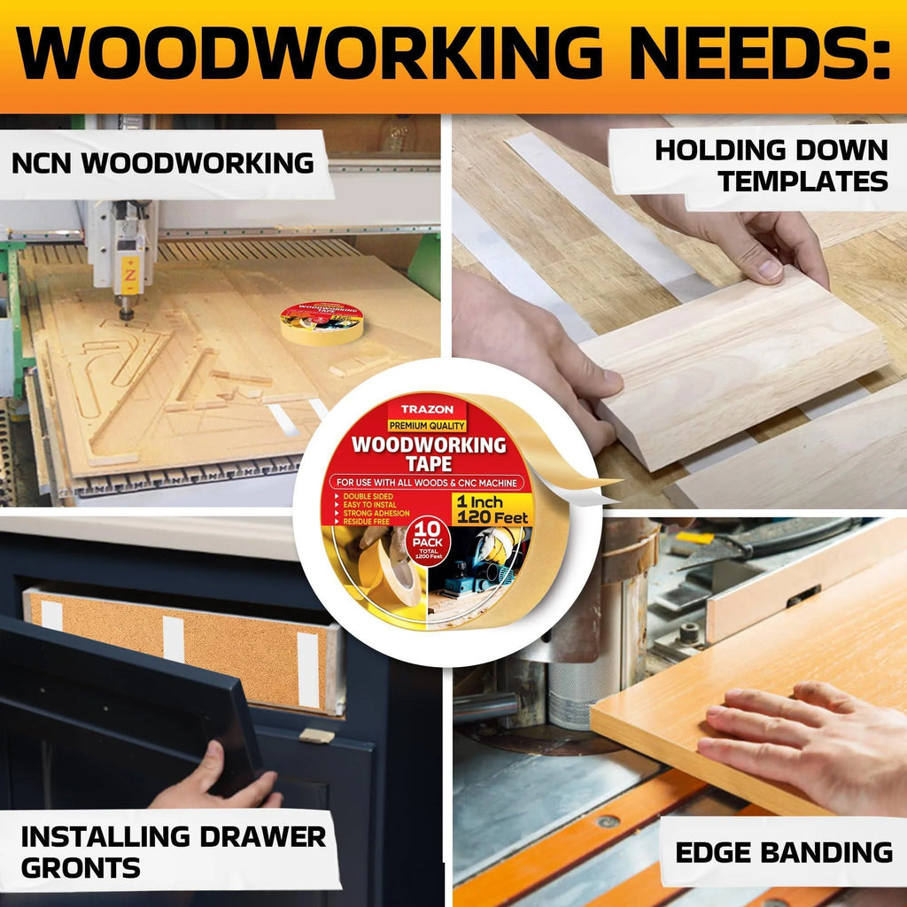 Double Sided Woodworking Tape 10 Pack 1 Inch X 120 Ft Wood Crafter Sticky Tool Two Side Adhesive for Router Templates Removable & Residue Free