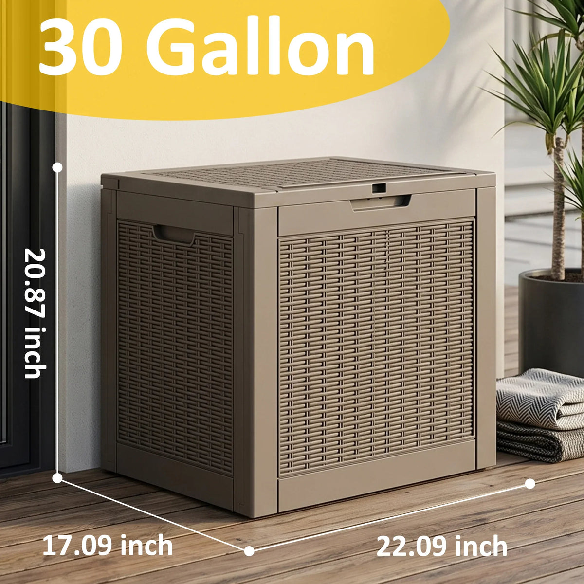30 Gallon Gray Rattan Textured Resin Outdoor Deck Box Weatherproof Lockable Patio Storage Chest for Backyard Pool Garden Supplies