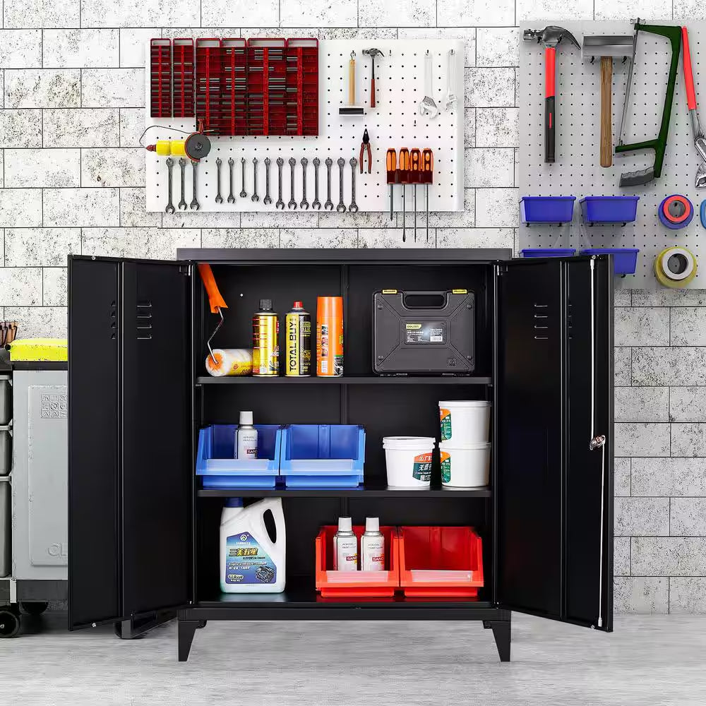 31.5 In. W 2-Shelf Locker, Lockable Home Office Storage Cabinets with 2 Doors and Shelves for Home, Office in Black