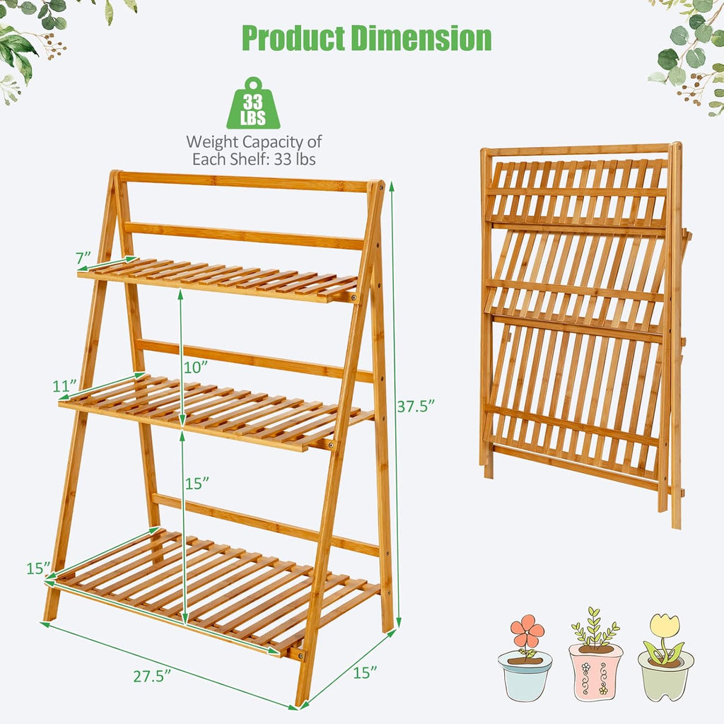 Bamboo Ladder Plant Stand, 3 Tier Folding Bamboo Plant Shelf, Foldable Flower Pot Display Shelf Rack, Multiple Plants Holder Organizer Storage Shelf for Indoor Outdoor Balcony Garden (Natural)