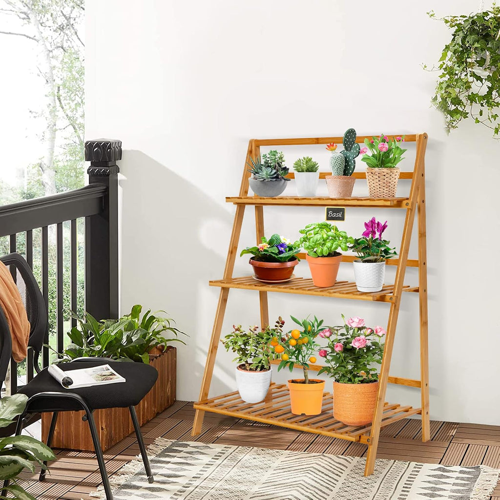 Bamboo Ladder Plant Stand, 3 Tier Folding Bamboo Plant Shelf, Foldable Flower Pot Display Shelf Rack, Multiple Plants Holder Organizer Storage Shelf for Indoor Outdoor Balcony Garden (Natural)