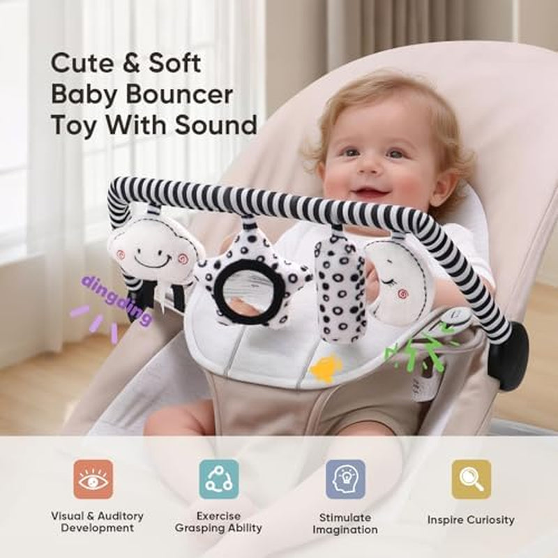 Baby Bouncer Toy Bar Soft with 4 Hanging Sensory Toys Attachment, Compatible with Baby Bjorn Bouncer, with Mirror, Rattle, Crinkle Sound for Babies All Ages (Black and White Shapes)
