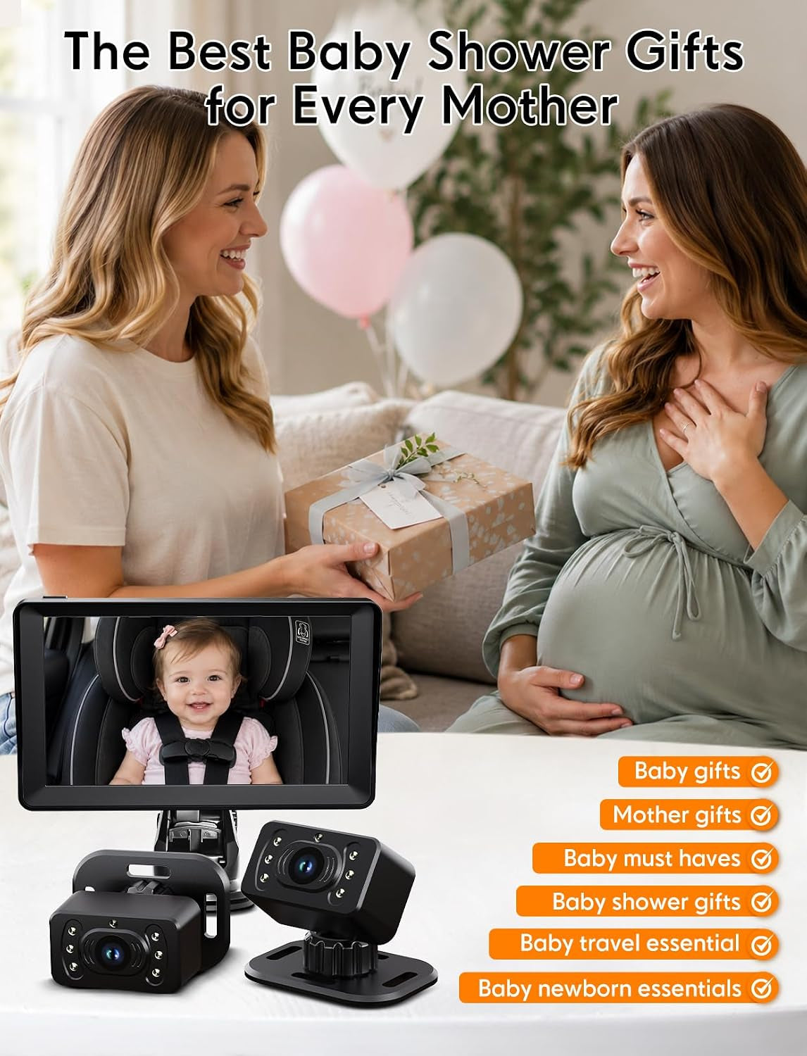 Split Screen Baby Car Camera for 2 Kids, 7 Inch HD 1080P Car Baby Monitor with Dual Backseat Cameras, 150° Wide View, 360°Rotation, Night Vision, Rear-Facing Infant Car Seat Mirror