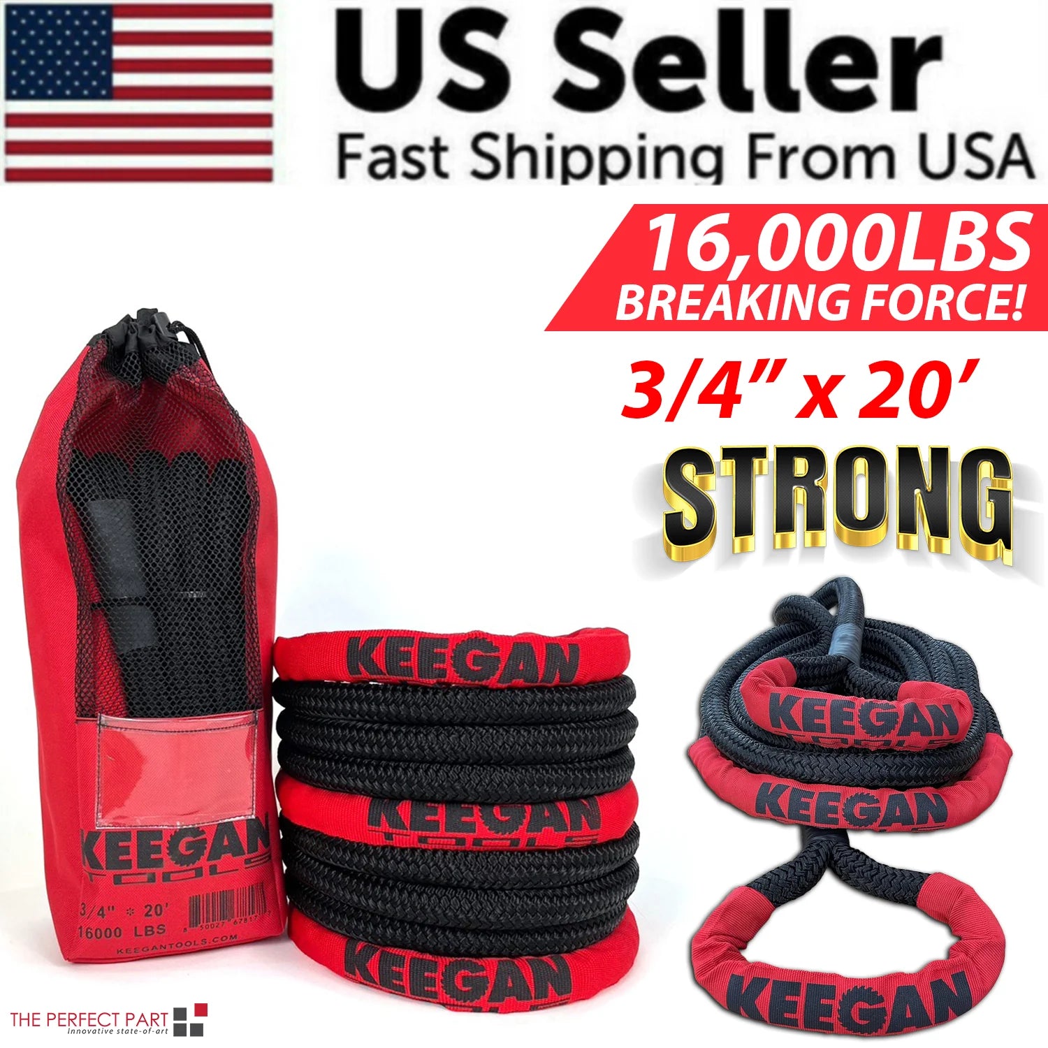 KEEGAN TOOLS 1.25"X30' Kinetic Energy Recovery Rope 46000 Lbs Tow Rope Carry Bag