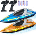 RC Boat, 2 Pack 2.4Ghz 12 Km/H, Remote Control Boat for Pools & Lakes, Racing Boat with LED Light, 4 Rechargeable Batteries, Whole Body Waterproof, Gift for Adults Boys & Girls, Blue & Orange