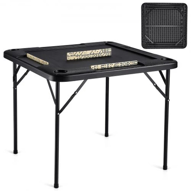 Mahjong Table, Square 4 Player Folding Card Table with 4 Cup Holders & 4 Chip Trays, Portable Domino Game Table with 1 Set of Dominoes for Mahjong Poke Puzzles, 35.4 X 35.4-Inch, Black