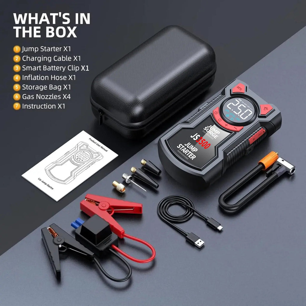 5-In-1 Multifunctional Air Pump Jump Starter with Air Compressor 3000A Peak/150Psi Battery Jump Starter Digital Tire Inflator