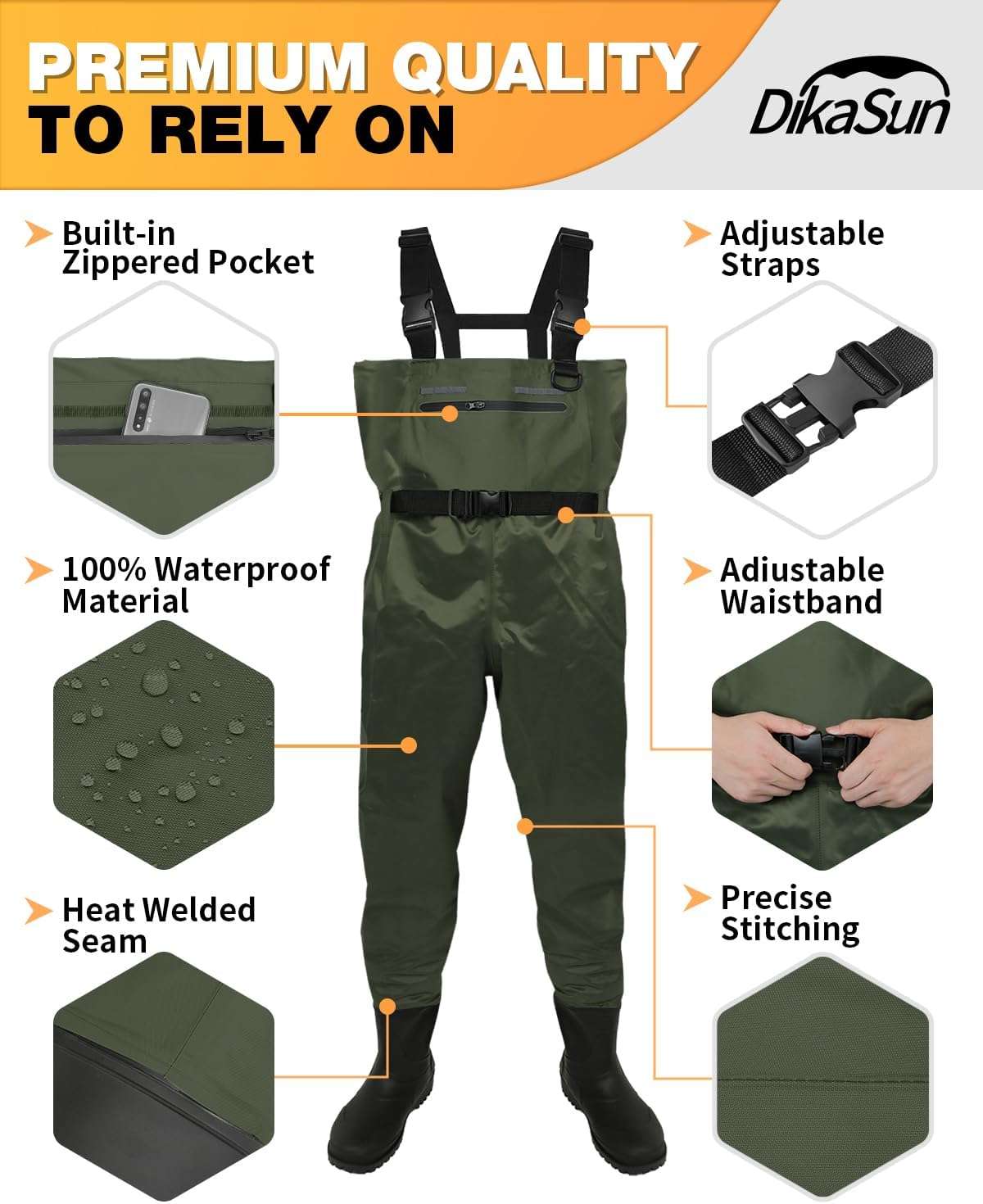 DikaSun Chest Waders with Boots — Lightweight Bootfoot Waders for Men & Women, Duck Hunting & Fly Fishing (US Sizes, Dark Green)