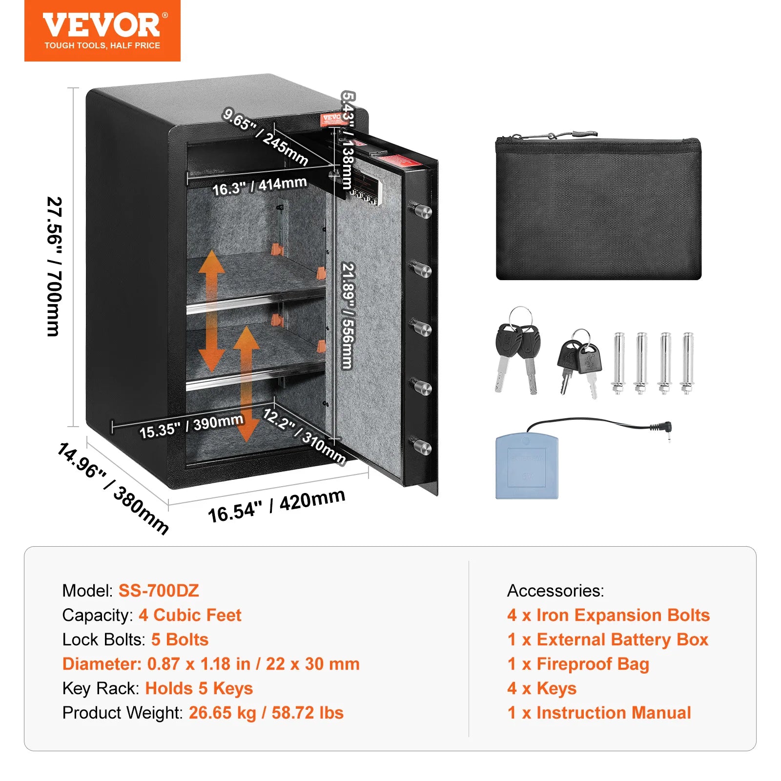Succebuy Single/Double Door Safe Box with Key Lock Password & Fingerprint Safe Lock Box with Fireproof Bag Key Rack & LED Light