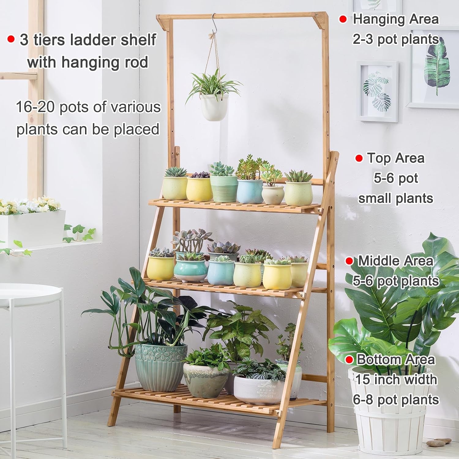 Bamboo 3-Tier Hanging Plant Stand Planter Shelves Flower Pot Organizer Rack Folding Display Shelving Plants Shelf Unit Holder