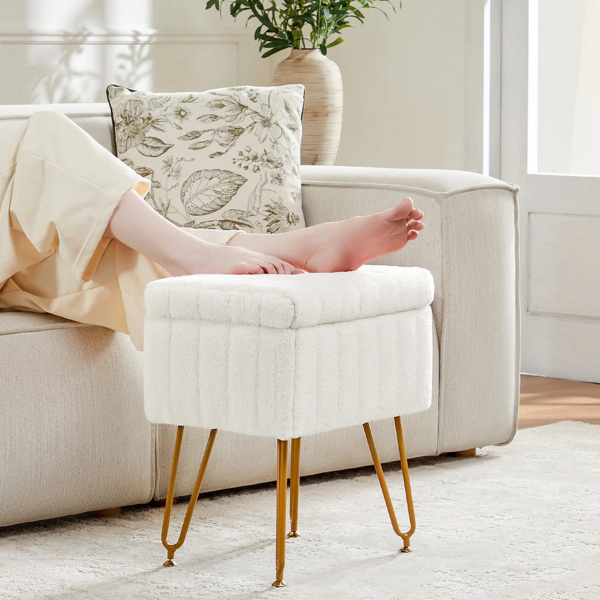 JHK Faux Fur Living Room Hidden Storage Stools & Ottomans Padded Makeup with 4 Metal Legs Anti-Slip Adjustable Feet for Home