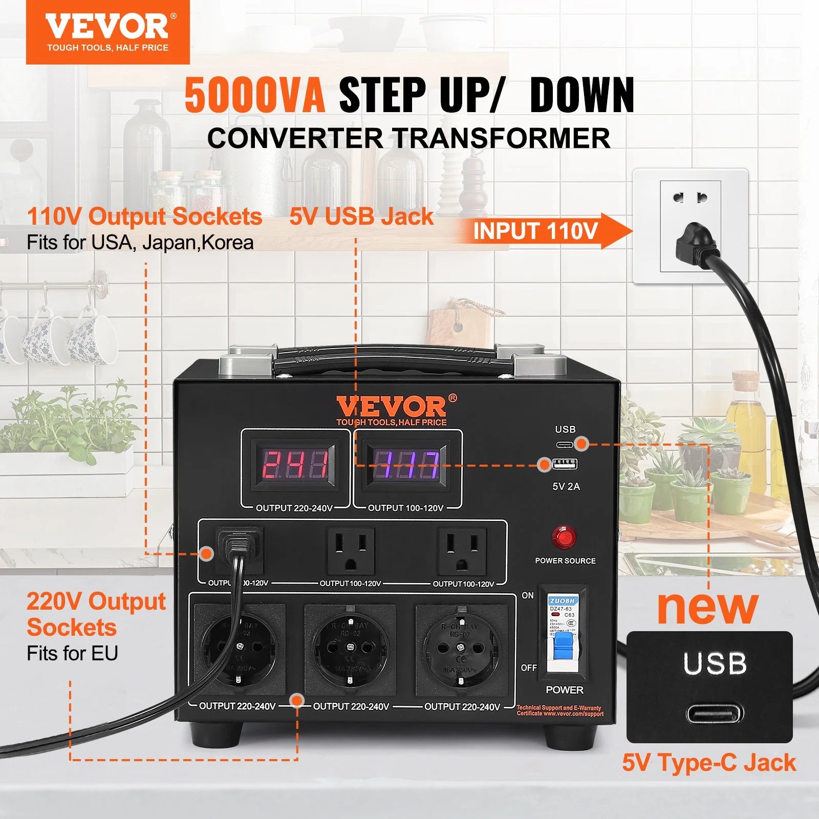 VEVOR Voltage Converter Transformer, 5000W, Heavy Duty Step Up/Down Transformer, Convert from 110 Volt to 220 Volt and from 220 Volt to 110 Volt, with US Outlet EU Outlet 5V USB Port, CE Certified