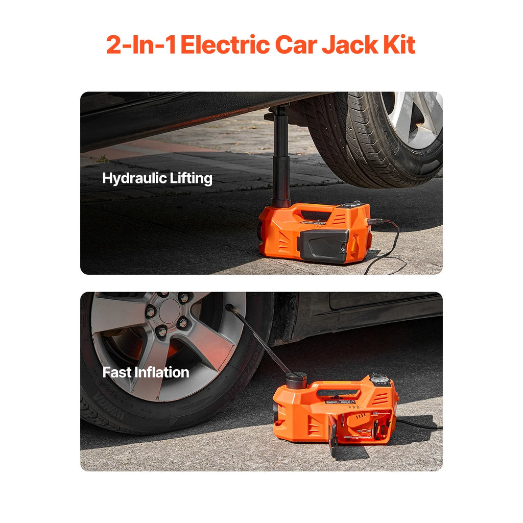 Electric Car Jack, 5 Tons /11000 Lbs, Electric Scissor Jack with Built-In Inflator, 12V Adjustable Tire Change Replacement with Secure Hammer & LED Light, Portable Jack Kit for Sedan, SUV, Truck