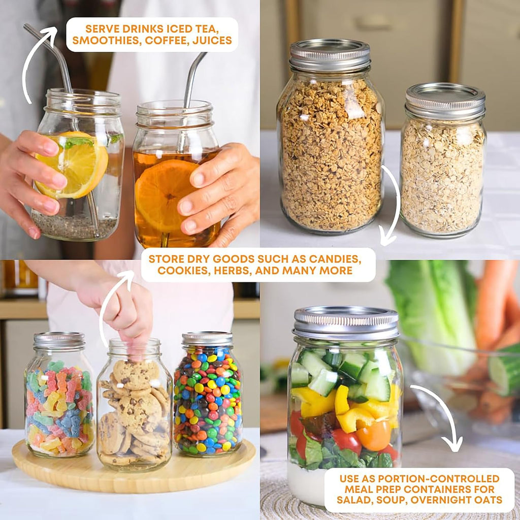32 Oz Regular Mouth Mason Jars with Lids – Pack of 12 Quart Canning Jars for Food Storage, Pickling, Fermentation, Crafts – Reusable Airtight Large Glass Mason Jar with 1 Black Cap Gripper