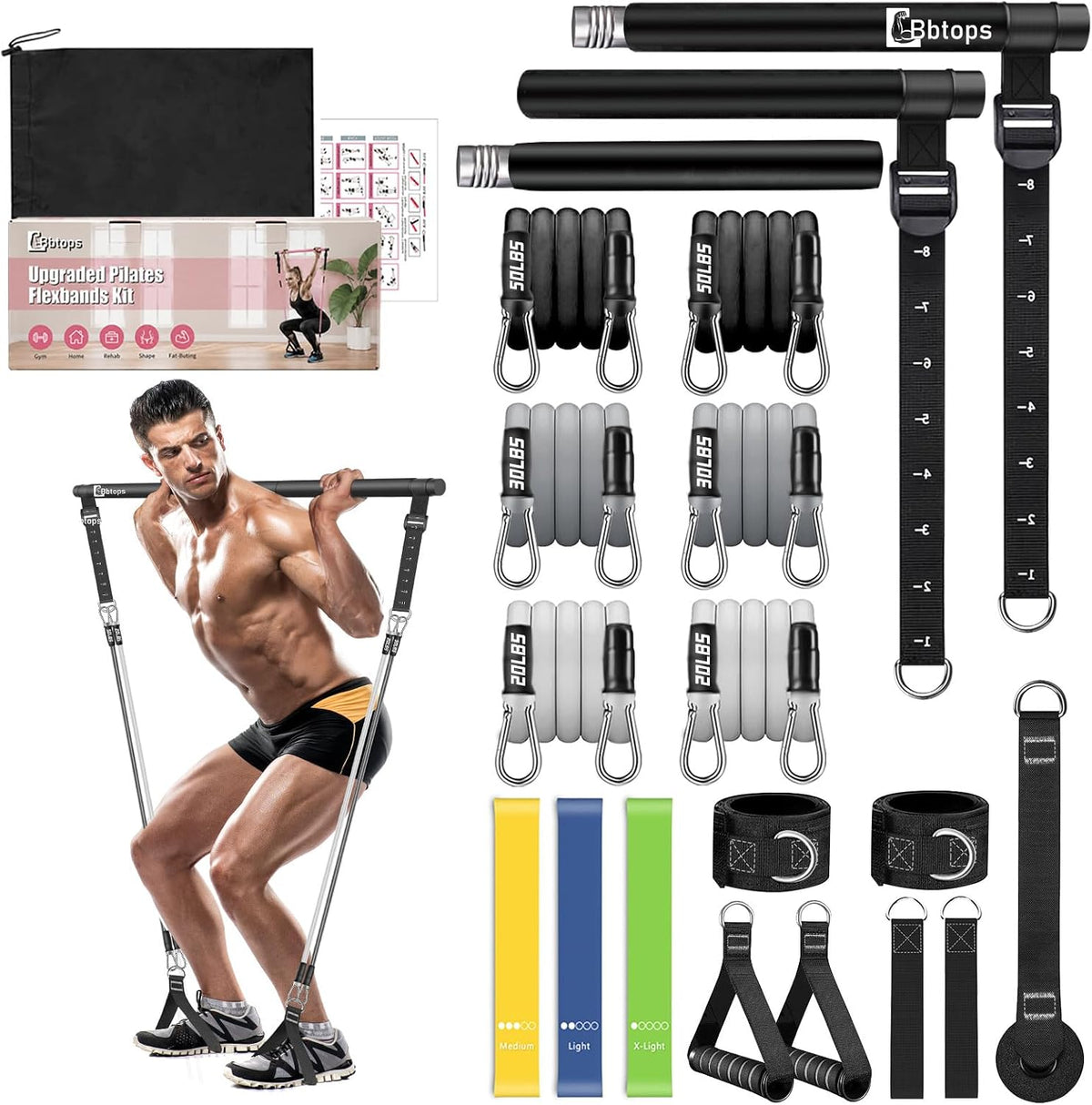 Pilates Bar Kit with Resistance Bands,Pilates Bar with Stackable Bands Workout Equipment for Legs,Hip,Waist and Arm,Exercise Fitness Equipment for Women & Men Home Gym Yoga Pilates