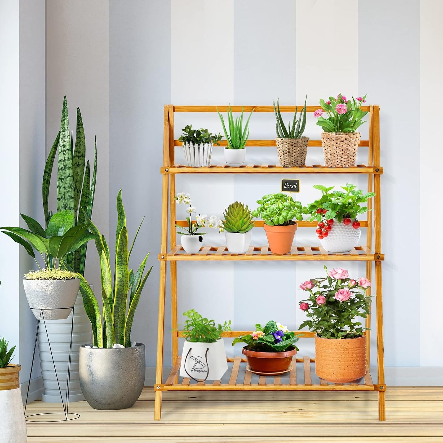 Bamboo Ladder Plant Stand, 3 Tier Folding Bamboo Plant Shelf, Foldable Flower Pot Display Shelf Rack, Multiple Plants Holder Organizer Storage Shelf for Indoor Outdoor Balcony Garden (Natural)