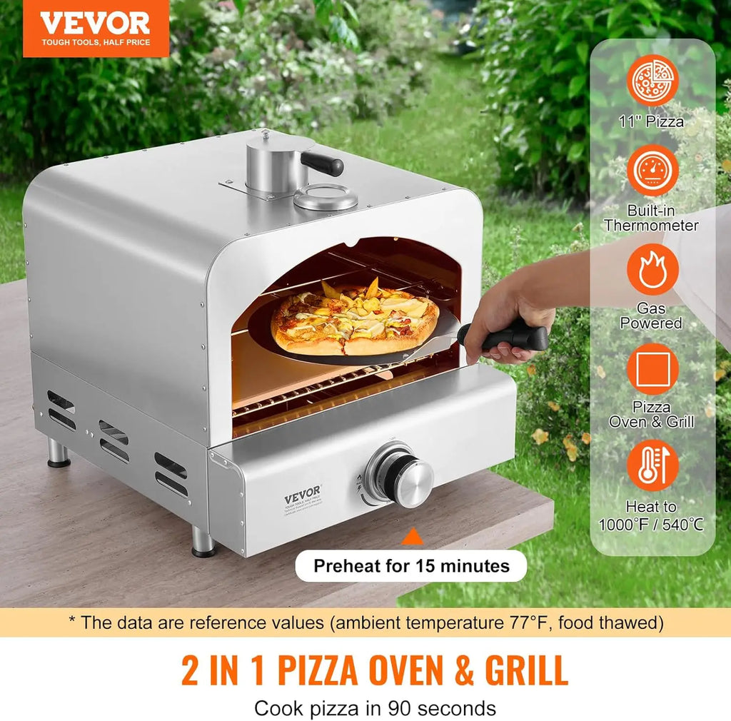 Outdoor Pizza Oven, 2-IN-1 Gas Pizza Maker & Grill, Propane Griller with Pizza Stone, Visual Door and Built-In Thermometer,