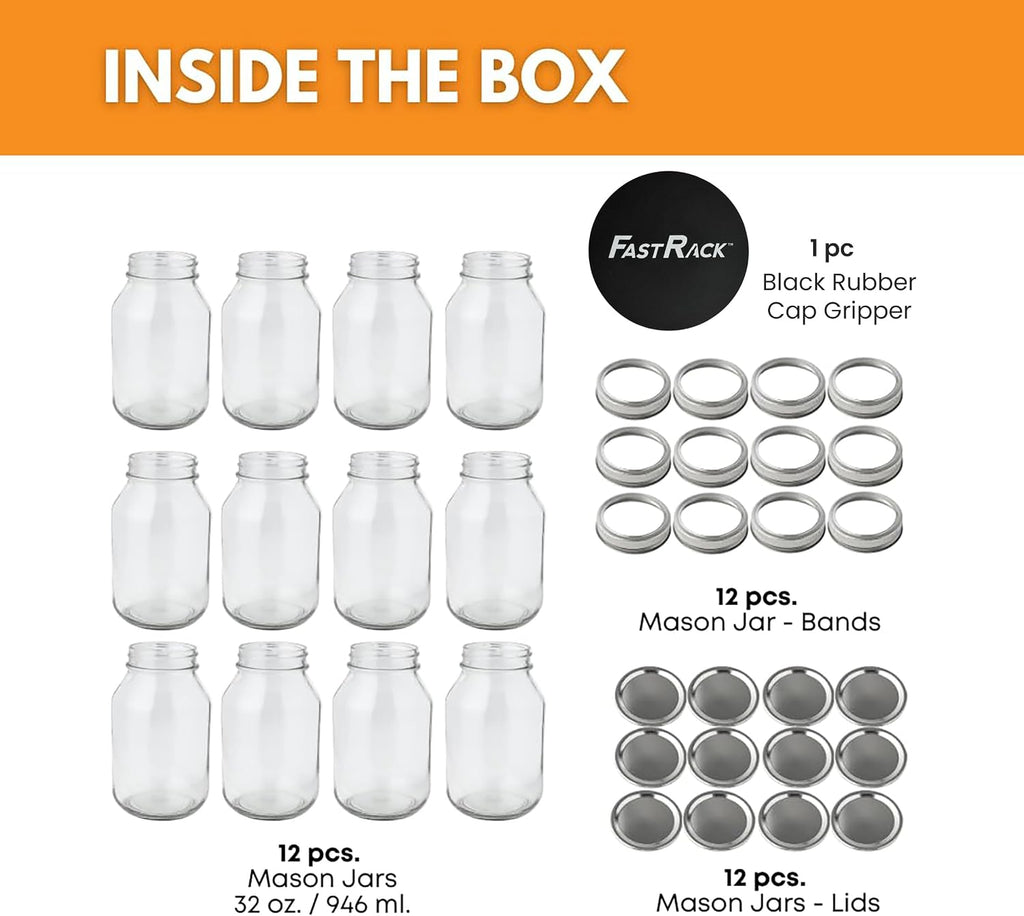32 Oz Regular Mouth Mason Jars with Lids – Pack of 12 Quart Canning Jars for Food Storage, Pickling, Fermentation, Crafts – Reusable Airtight Large Glass Mason Jar with 1 Black Cap Gripper